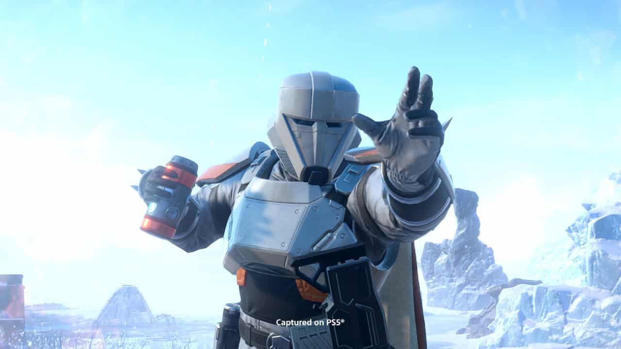 A character in a futuristic armored suit and helmet, branded as the "Polar Patriots" from "Helldivers 2," gestures with their hand in a snowy landscape. The image is tagged as