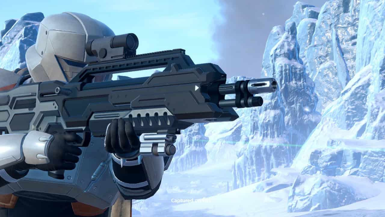 A soldier in futuristic armor, branded as a Polar Patriot, aiming a large gun, with icy mountainous terrain in the background.