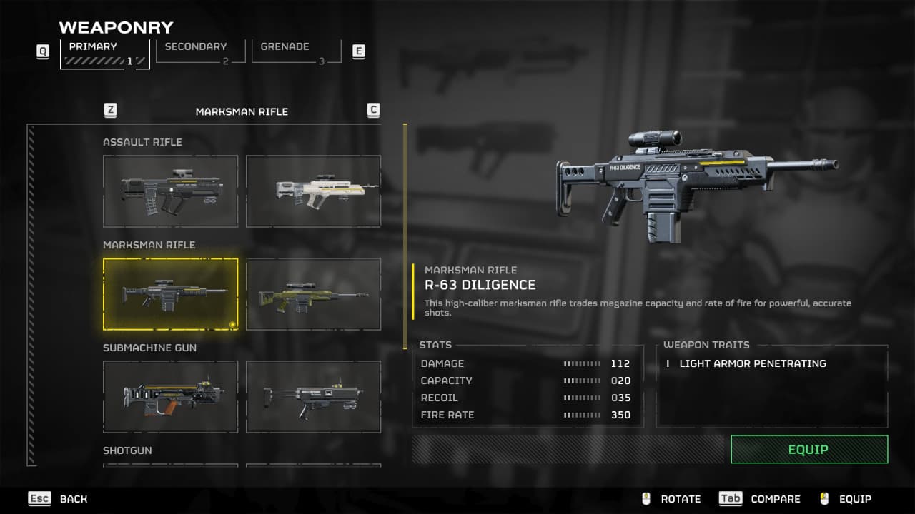 Screen from a video game showing a weapon selection menu with a marksman rifle highlighted, displaying stats such as damage and fire rate. Helldivers 2 devs asked 58,000 players