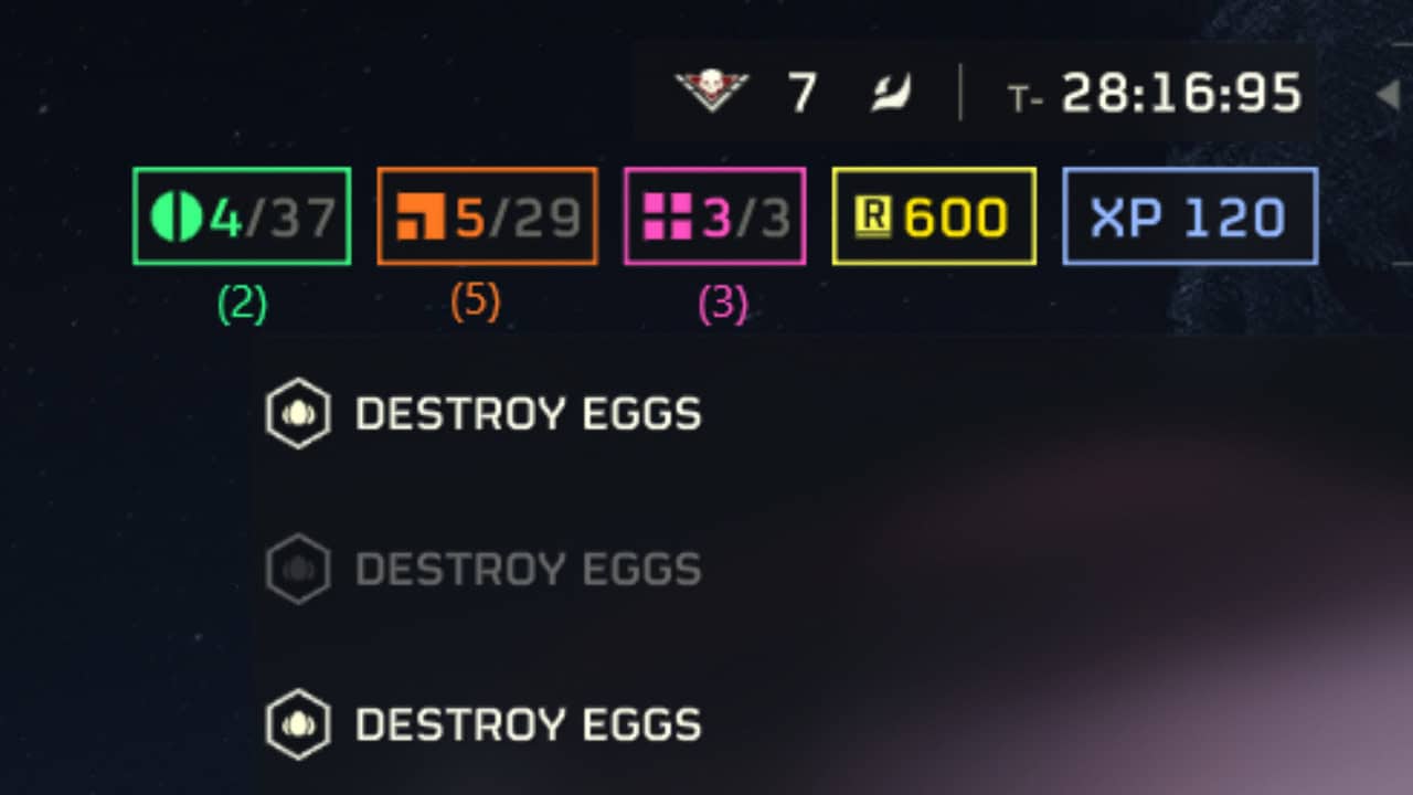Screen capture of the Helldivers 2 game interface showing various mission stats and objectives, with repeated tasks titled "destroy eggs.