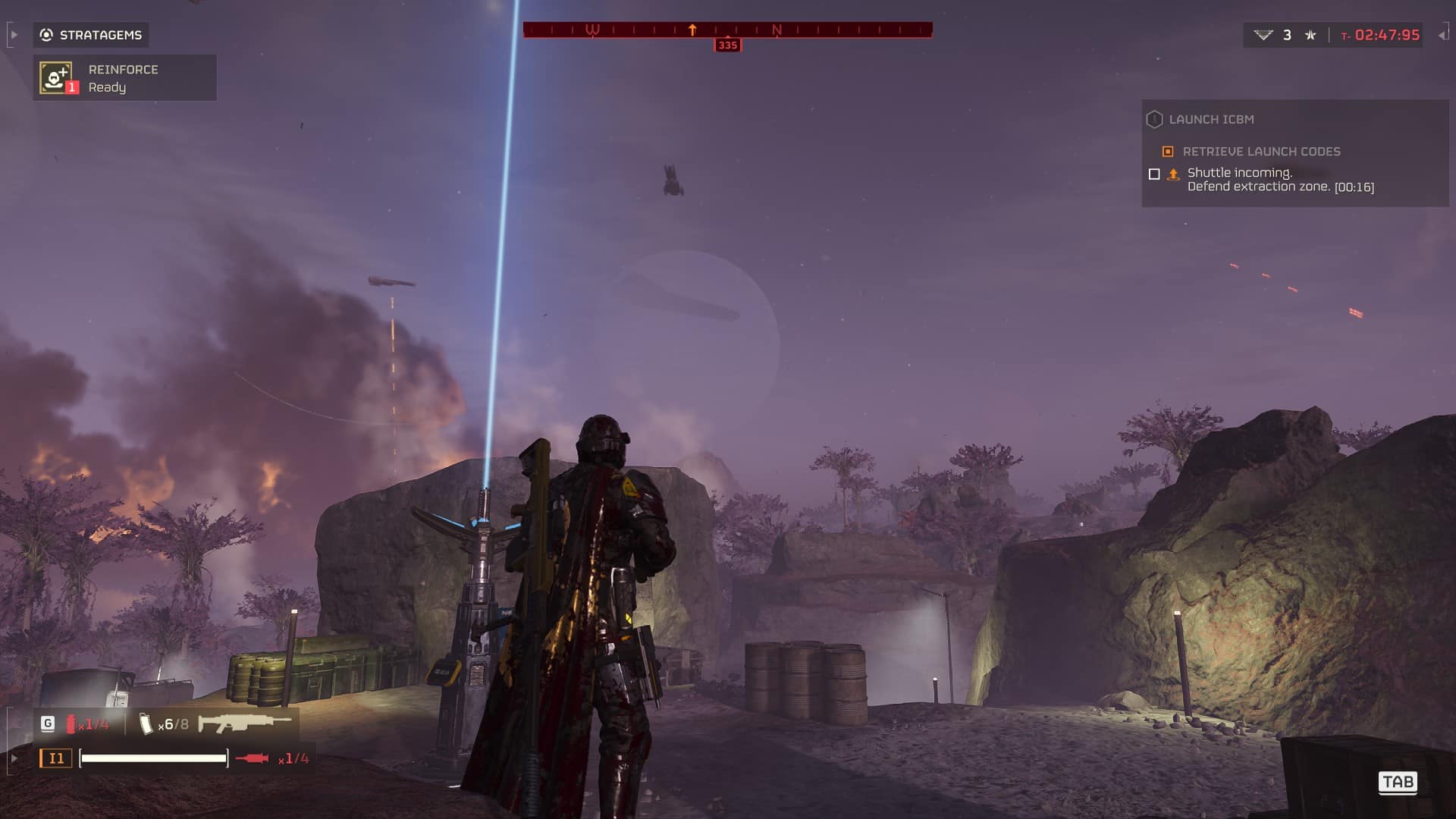A player character in futuristic armor stands in a desolate landscape with a reddish sky while a Helldivers 2 space shuttle launch is visible in the distance in a video game.