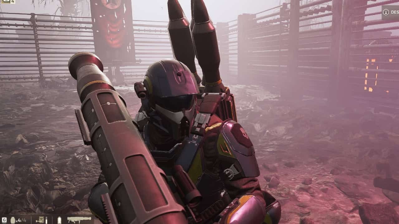 A character in futuristic armor holding an airburst rocket launcher in a dystopian setting with a menacing red billboard in the background.