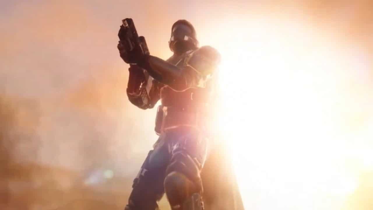 A Helldivers 2 character holding a gun, backlit by a bright, glowing light, creating a silhouette effect.