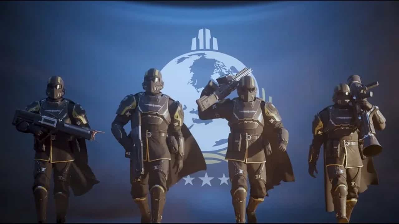 Four futuristic soldiers in armor stand in formation in front of a globe emblem with a city silhouette, set against a blue background. Helldivers 2 players say "Reinforcements are not Grenades