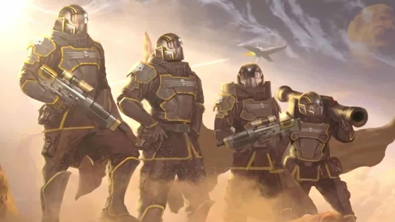 Three Helldivers 2 soldiers in armored suits and helmets stand on an alien landscape with a bright sky and distant moons.
