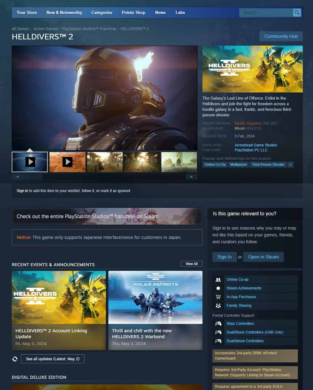 Screenshot of the "Helldivers 2" video game page on Steam featuring the game title, user interface options, and a promotional image of a character in a futuristic helmet.