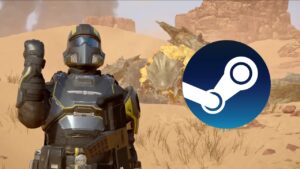 A character in futuristic armor from Helldivers 2 stands in a desert landscape, giving a thumbs-up, with the Steam logo overlaid on the right side.