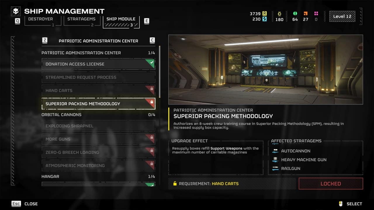 A screenshot from Helldivers 2 video game showing a ship management interface with various modules and upgrades, highlighting the 'patriotic administration center' upgrade.