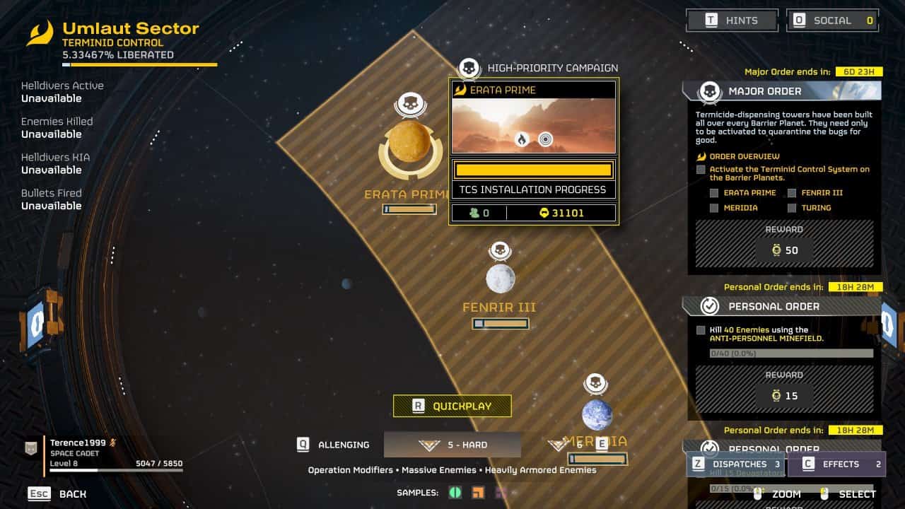 A user interface from Helldivers 2, a futuristic strategy video game displaying various missions and options, with space-themed graphics and terminid control HUD elements.