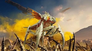 A fantastical creature, resembling a dragon with wings and sharp talons, perches atop jagged rocks against a dramatic sky with yellow clouds, evoking the aesthetic of New Helldivers 2