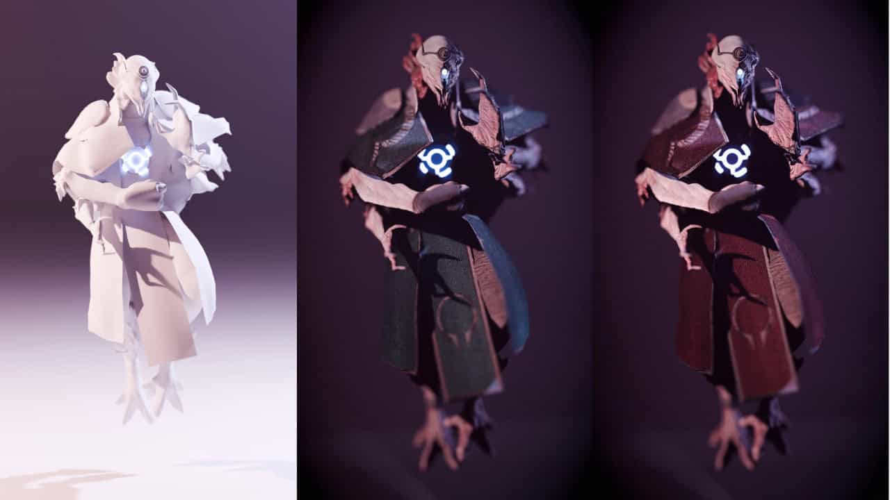 Three digital renderings of a stylized wizard character from Helldivers 2 in different color schemes, progressively going from a light to a dark palette.