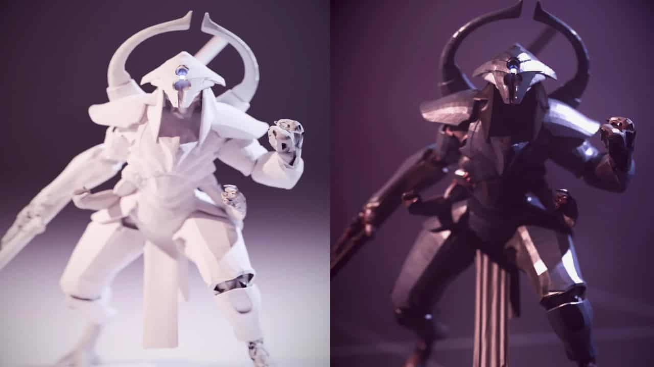 Two images of a Helldivers 2 model robot with a horned helmet, one in white and the other in dark gray, posed dynamically against a blurred background.