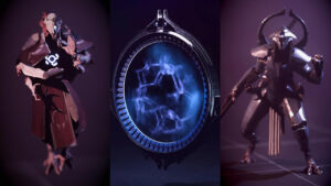 Three digital artworks: an alien priest, a futuristic watch with a glowing blue core, and a heavily armored Helldivers 2 knight.