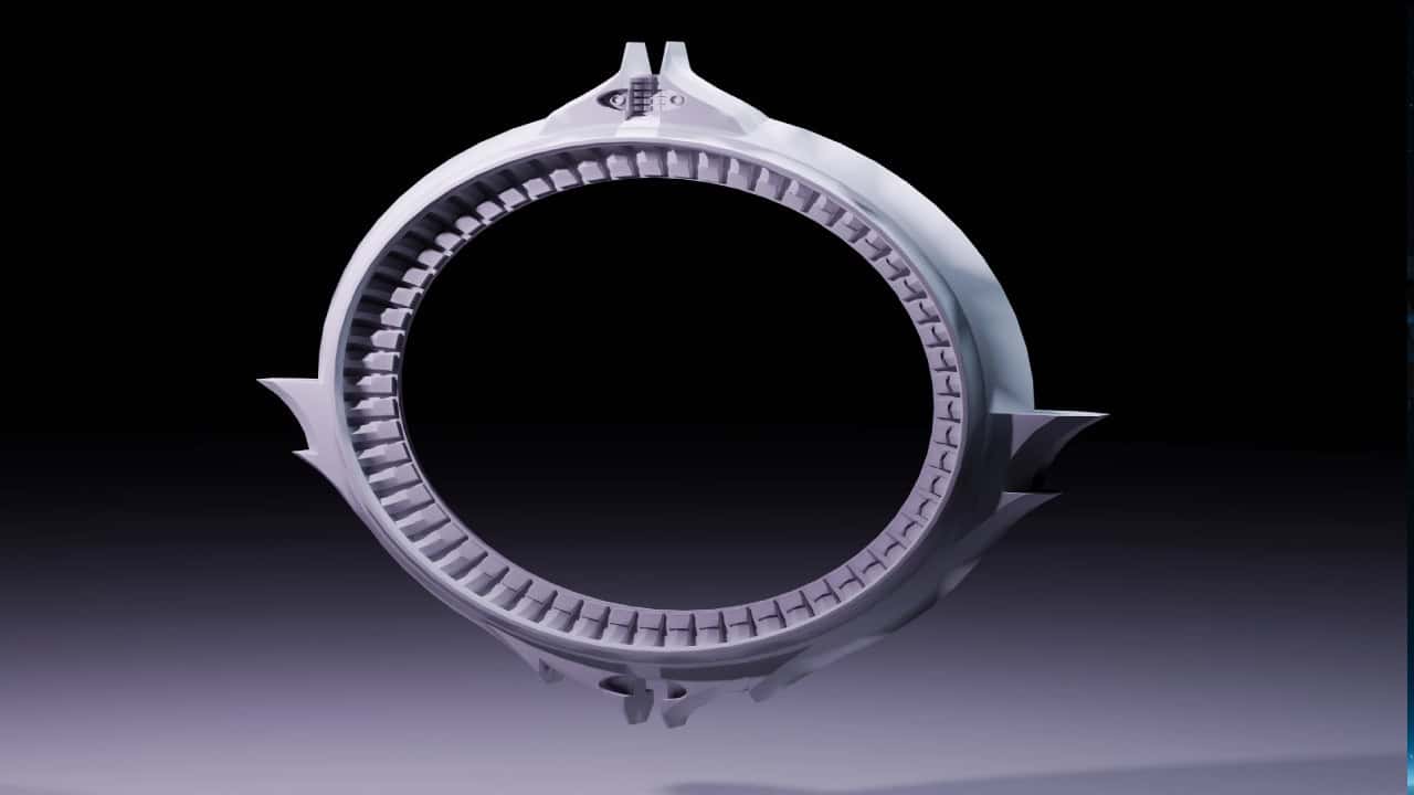 3D rendering of a circular mechanical part with internal gears and sharp external spikes, portrayed on a gradient background inspired by Helldivers 2.