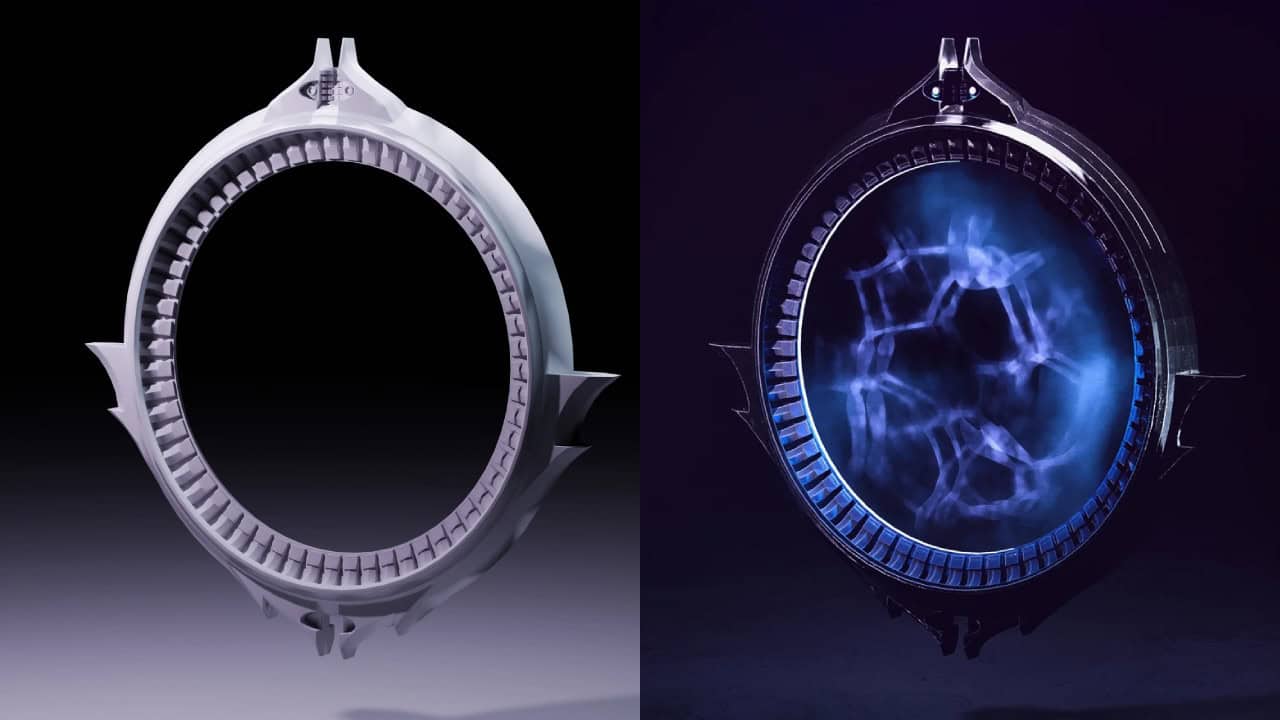 A split-view image showcasing a Helldivers 2 stargate portal; on the left, an unfinished 3D model, and on the right, the completed model with vibrant blue