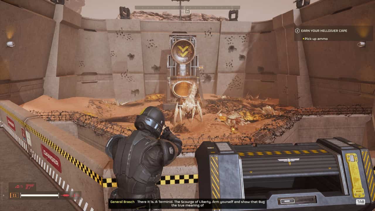 A player character in Helldivers 2, holding a gun, views a fiery portal in a futuristic setting with industrial elements.