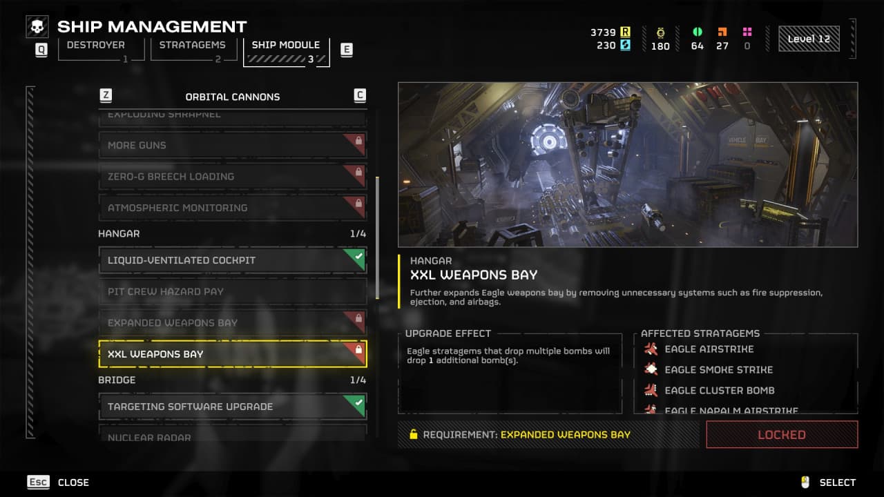 A screenshot of Helldivers 2 video game's ship management interface, showing various upgrade options for a spacecraft within a sci-fi themed hangar.