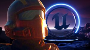 Helldivers 2 soldier posing next to an Unreal Engine logo