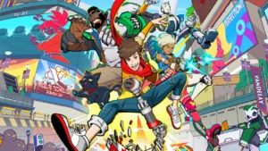 Colorful illustration of a group of animated characters from Hi-Fi Rush engaged in dynamic action against a backdrop of digital billboards and city skyline.
