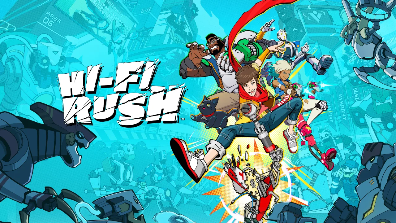 Colorful illustration of diverse animated characters engaged in dynamic action scenes from the game "Hi-fi Rush," set against a futuristic backdrop.