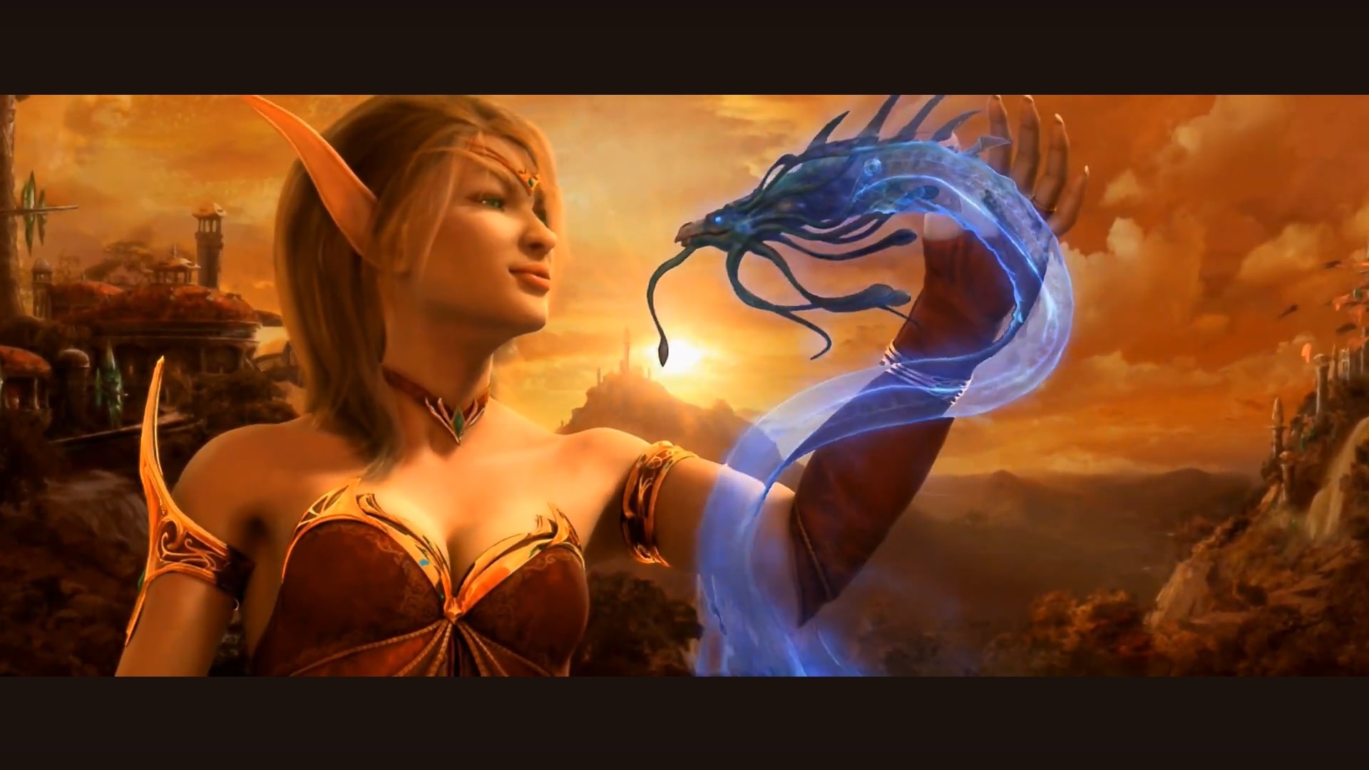 Blood Elf woman conjuring a magical dragon in Silvermoon City in World of Warcraft Midnight
