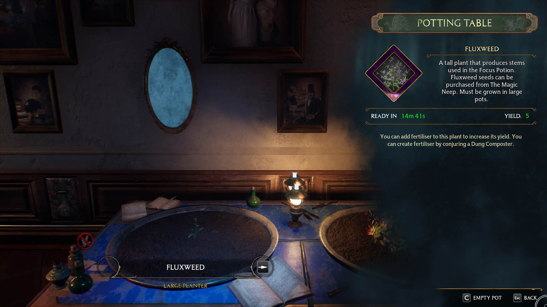 Placing large pot in room of requirements in Hogwarts Legacy to plant seeds such as fluxweed, mallowsweet and dittany.