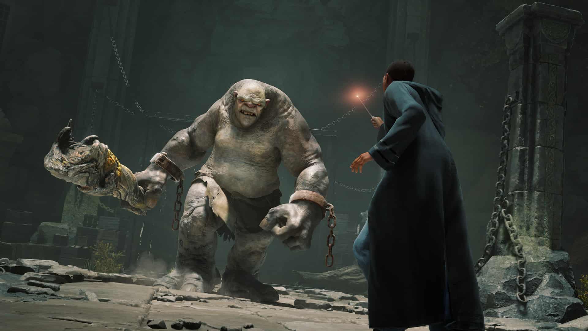 Hogwarts Legacy cheats and console commands: a young wizard battling a troll in a cave.