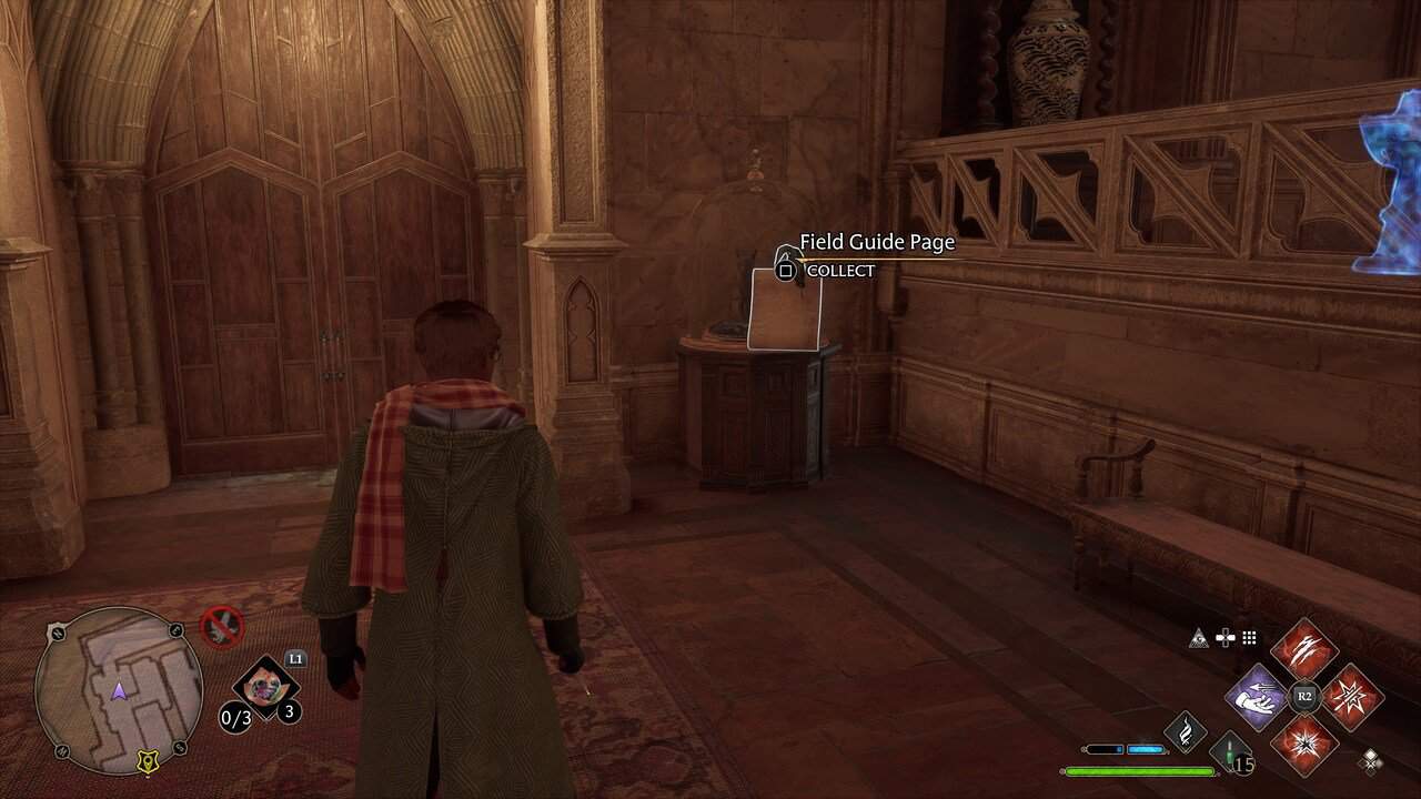 Character interacting with guide paper in Hogwarts Legacy