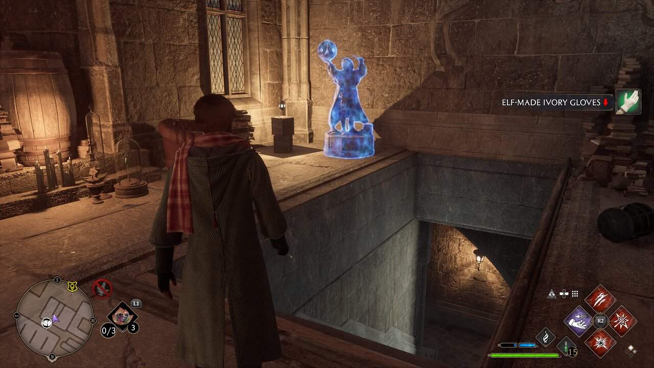 boy looking at blue glossy statue in hogwarts legacy