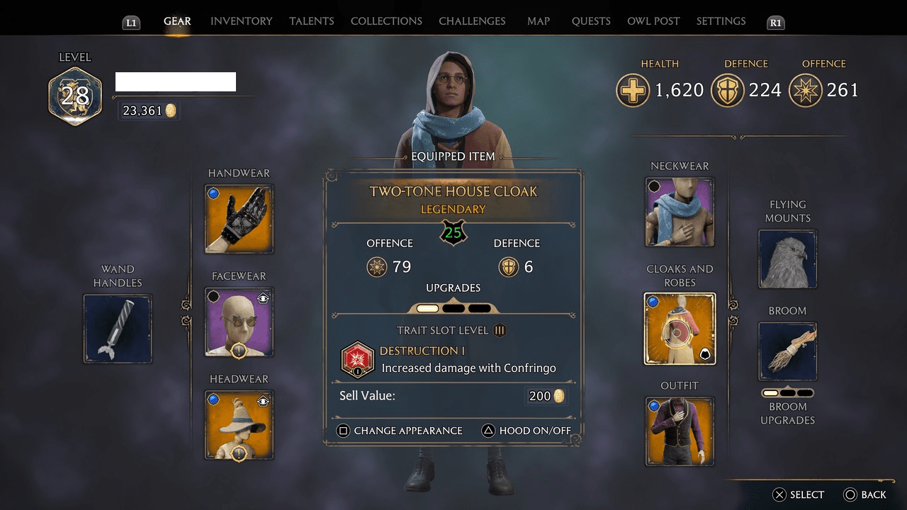 Putting Hood Up/Down in Gear Menu - Hogwarts Legacy