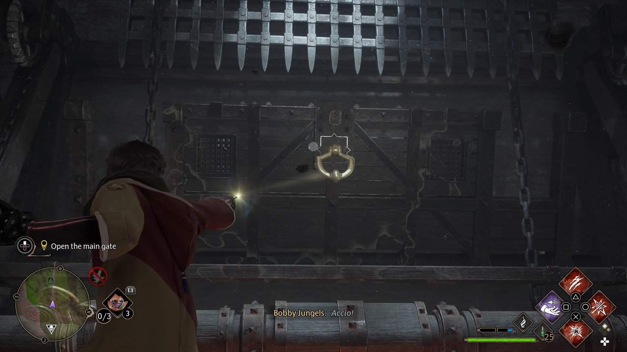 Character casting Accio on pulley to open main gate in Hogwarts Legacy