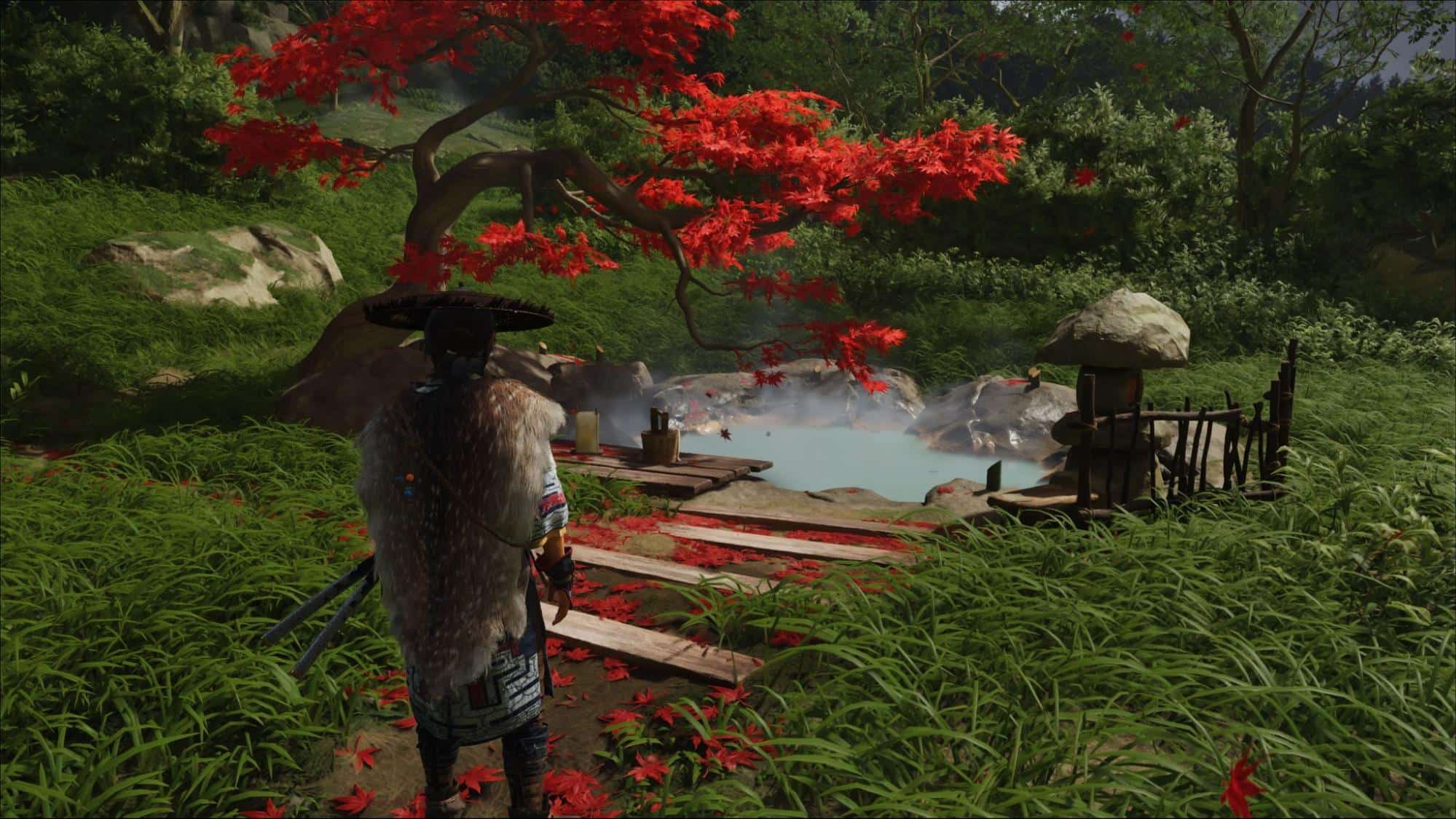 Samurai approaching hot spring in Ghost of Yotei