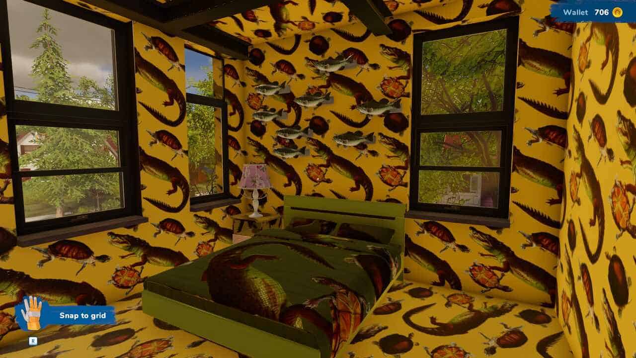 House Flipper 2 review: A room covered in crocodile and turtle-themed designs