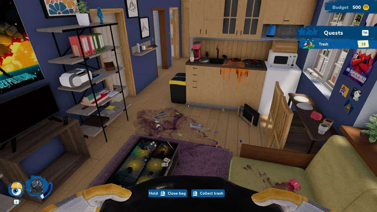 House Flipper 2 review: The player holding a trash bag in a room filled with rubbish and stains.