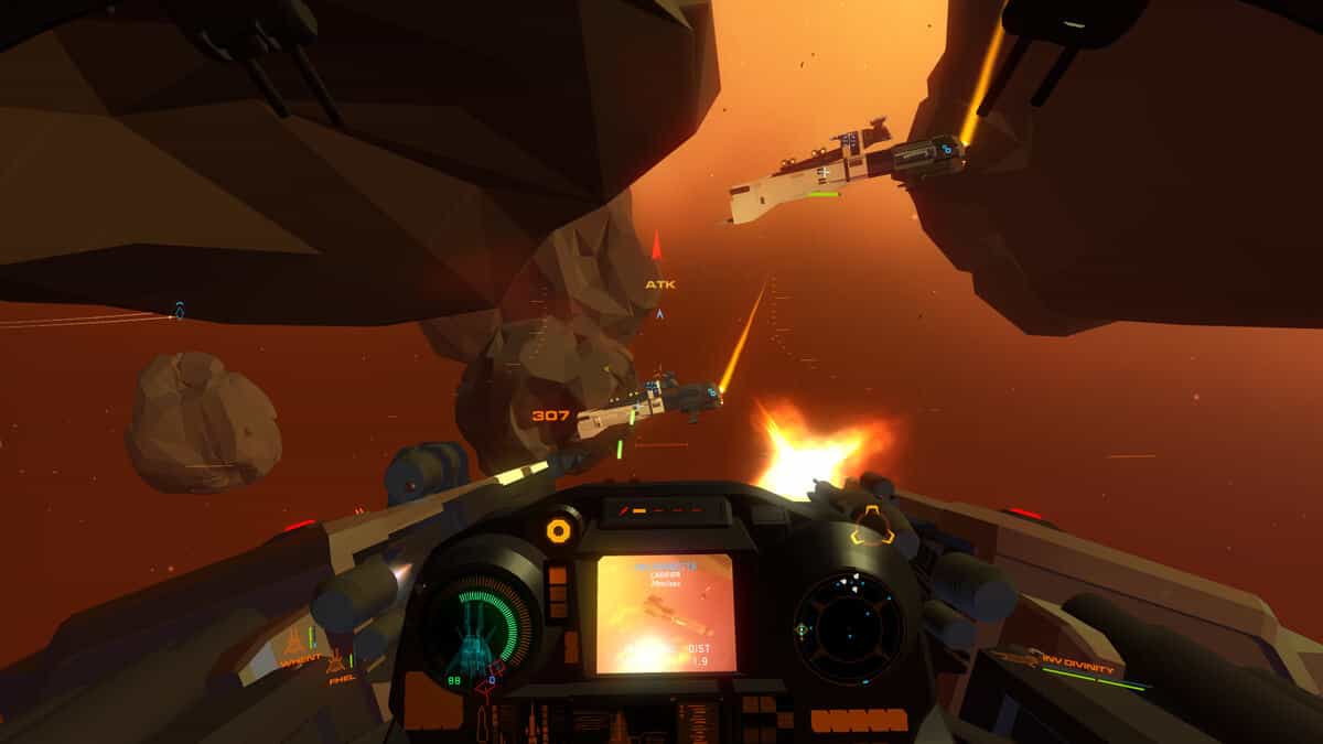 A space battle scene with spaceships firing at each other among large asteroids in House of the Dying Sun