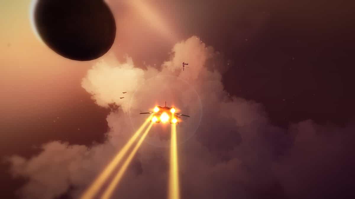 A spaceship with glowing engines flies through a cloudy sky under a dark planet in House of the Dying Sun