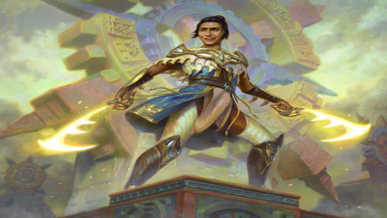 A painting of a man with two swords standing on top of a tower.