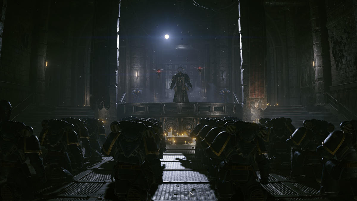 Picture of Space Marine in a church sermon room.