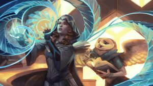 A woman in a blue robe is holding a book while showcasing one of the best challenger decks.
