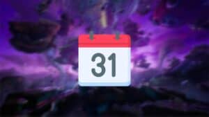How long do Fortnite seasons last: A calendar emoji imposed over a screenshot of the Fortnite map covered by purple clouds.
