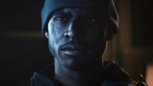 Close-up of a character's face from the game Battlefield 6