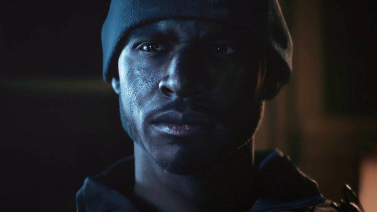 Close-up of a character's face from the game Battlefield 6