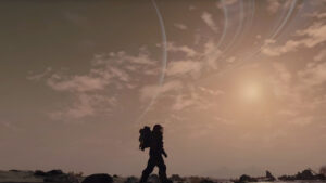 How long is Starfield: A side shot view of an explorer walking across a planetary body.