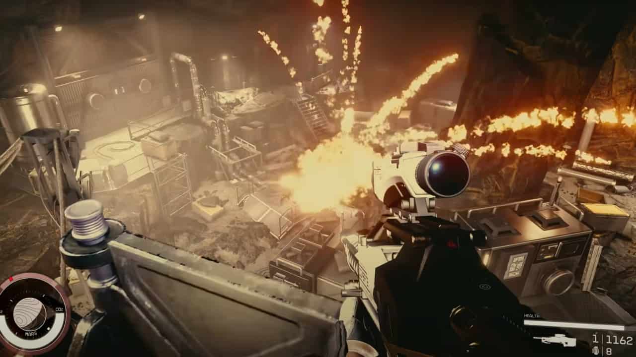 How long is Starfield: A player holding a DMR looks towards an explosion in the middle of an underground facility on Mars.