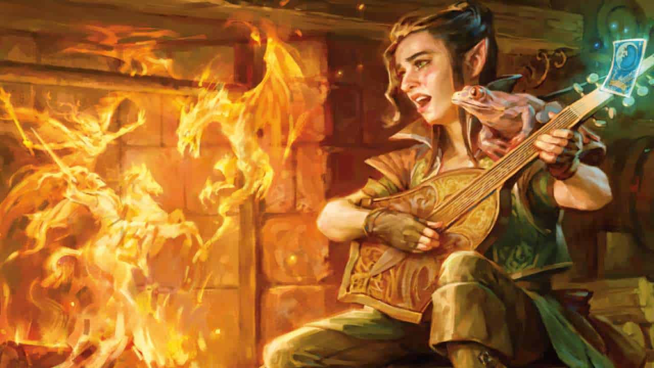 An elf playing a guitar by the fire while sharing sideboarding tips.