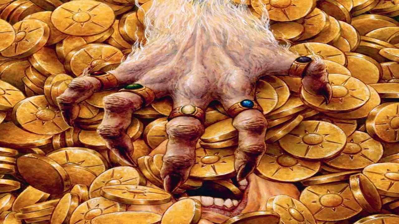 A mesmerizing painting capturing the allure of wealth with a hand slipping into a vibrant pile of gold coins.