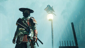 Samurai from Ghost of Yotei standing in a misty bamboo forest near a glowing lantern, part of the Spider Lily General maze puzzle