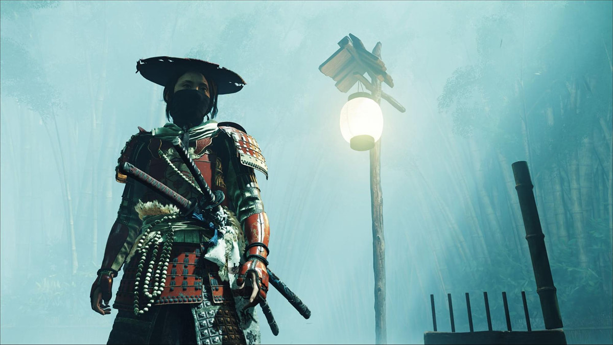 Samurai from Ghost of Yotei standing in a misty bamboo forest near a glowing lantern, part of the Spider Lily General maze puzzle