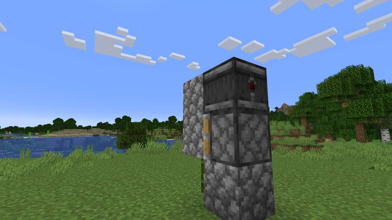 How to make a Minecraft bamboo farm: An observer is placed on top of the piston, facing a cobblestone block atop the bamboo shoot, which was used to align it correctly.