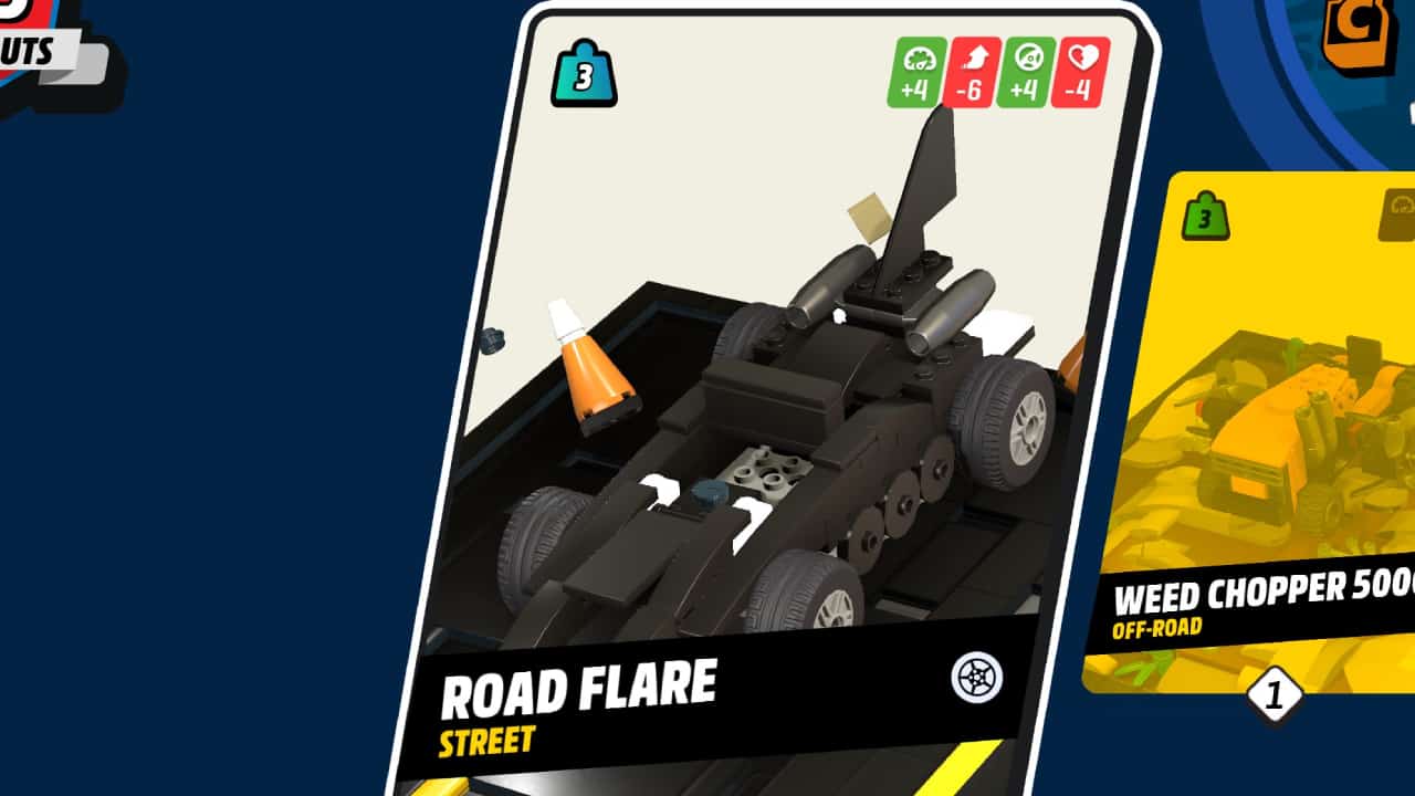 How to build the best car in Lego 2K Drive: A car on display in the loadout menu, it's stats displayed in the top-right corner.